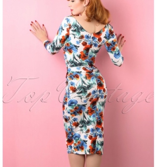 🆕 Bettie page Tatyana floral ruched stretchy vintage inspired retro pinup dress - Picture 3 of 16